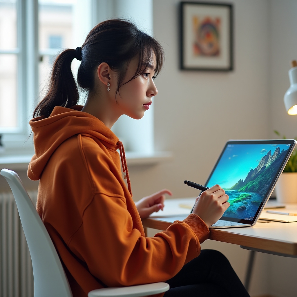 Artist creating digital artwork on tablet with stylus in bright modern workspace
