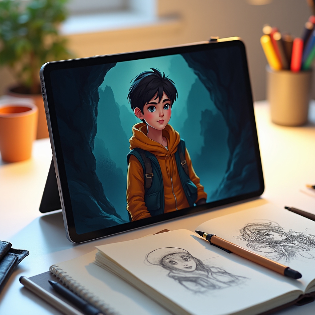 Detailed digital illustration showing character design with layered textures and vibrant colour palette on dark background