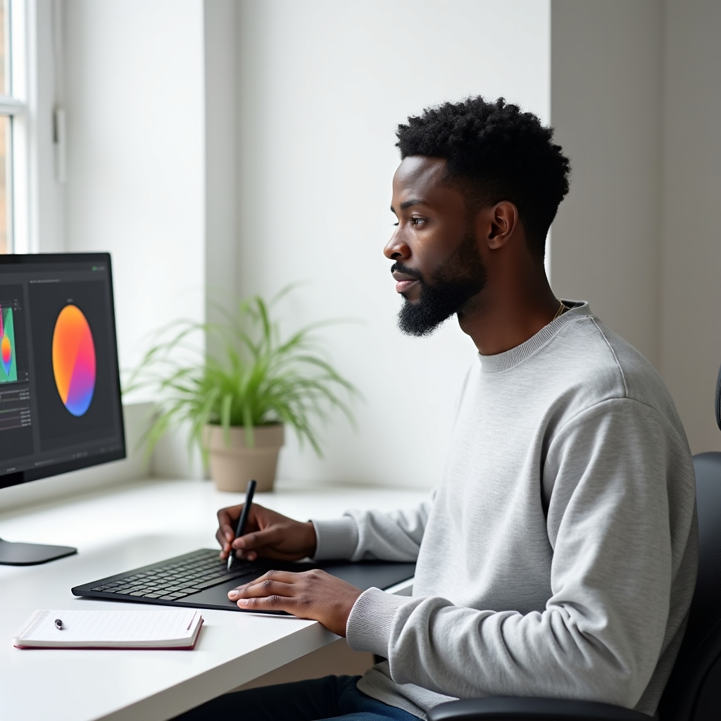 Designer working on graphic design project at clean desk with drawing tablet