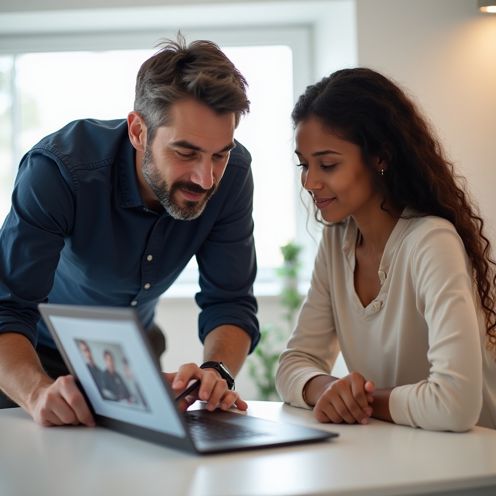 Professional instructor reviewing student photography portfolio on laptop screen in modern studio environment