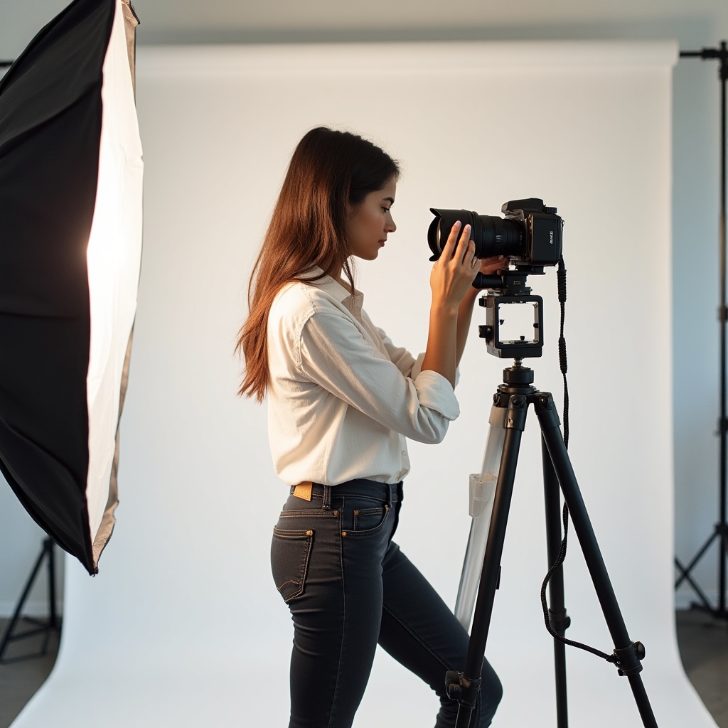 Student working in photography studio with professional lighting setup