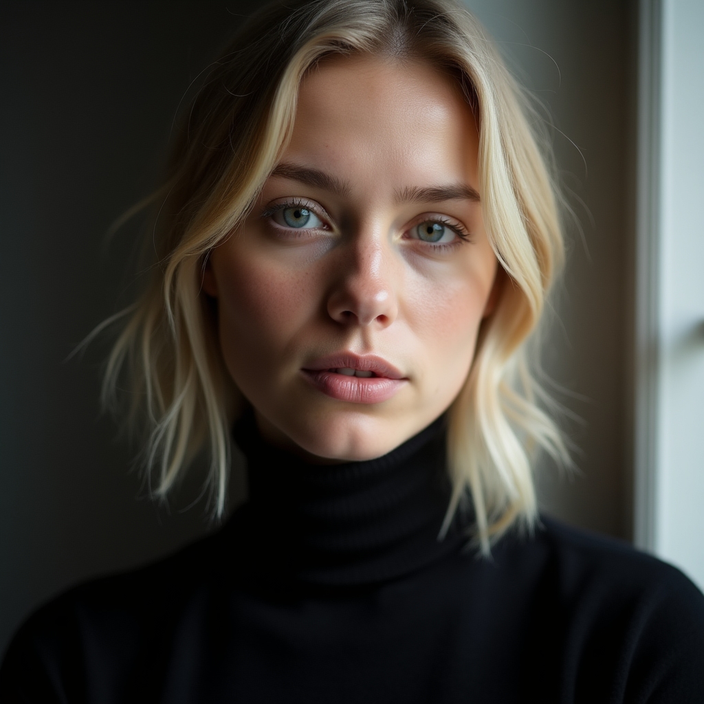 Close-up portrait photograph with dramatic natural window lighting, shallow depth of field
